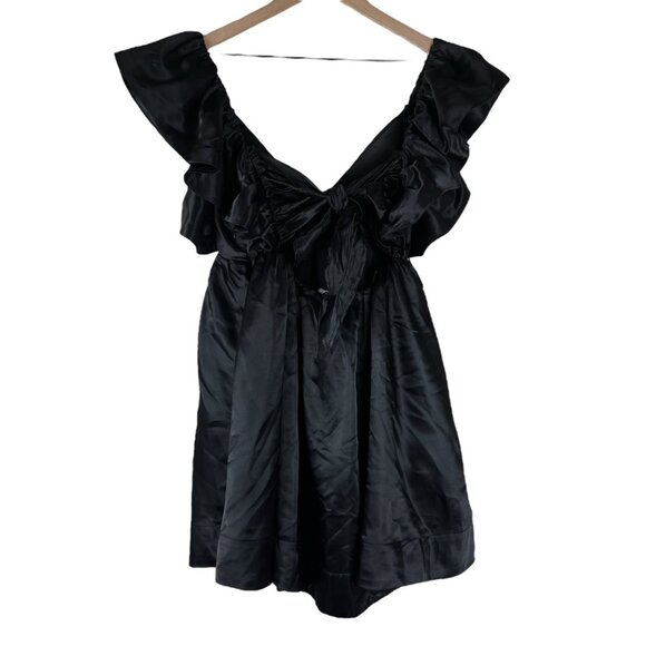 Mable Black Ruffle V-Neck Bow Back A-Line Mini Dress - Picture 6 of 7